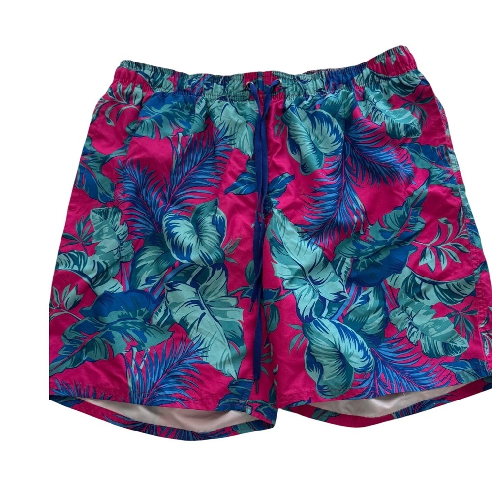 Outdoor Oasis Mens Tropical Leaf Print Swim Trunks Shorts Pink Blue XL Pockets
